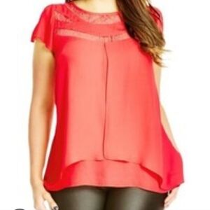 City Chic 20 Neon Pink Lace Inset Cap Sleeve Blouse